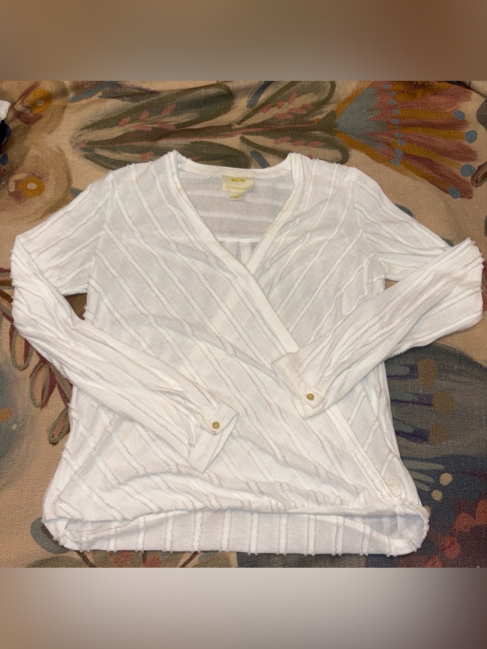 Anthropologie White Ribbed Faux-Wrap V-Neck Sweater